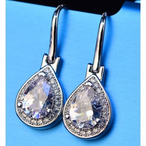 Pear Cut Female Austrian Crystal Drop Earrings 925 Sterling Silver Filled Teardrop Zircon White Yellow Pink Stone Dangle Earring