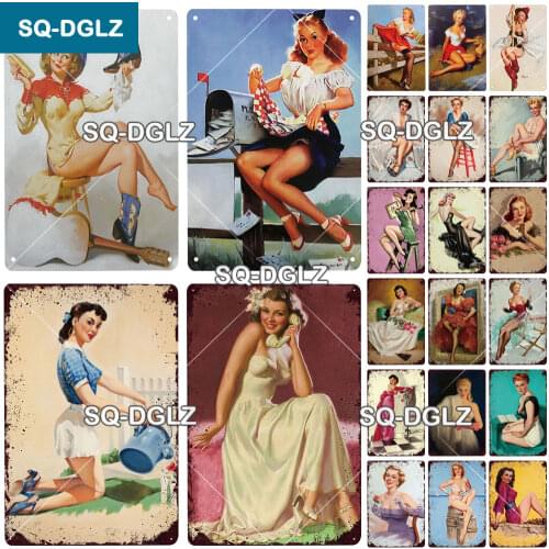 [SQ-DGLZ] Pinup Girl Plaque Metal Vintage Bar Furniture Plates Garage Sign Vintage Decor Man Cave Decoration Gift