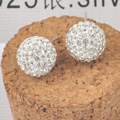 Fast Shipping white 12mm full cz rhinestones ball silver 925 Sterling Silver studs earring rhinestone