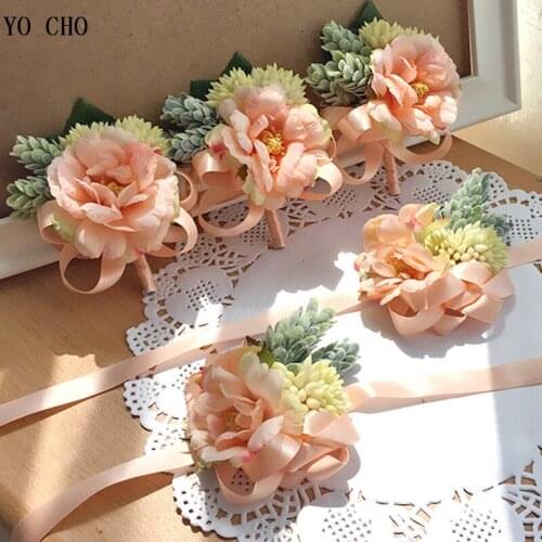 YO CHO Artificial Peony Flower Wrist Corsage Sister Brooch Silk Big Peony Boutonniere Flower Decoration for Wedding Party Prom