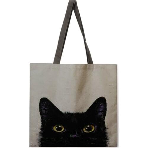 Ladies Shoulder Bag Cartoon Black Cat Print Casual Handbag Linen Fabric Handbag Reusable Shopping Bag Foldable Handbag