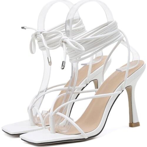 2021 Summer women sandals narrow band vintage square toe high heels cross strap thong sandals women V shape design shoes women