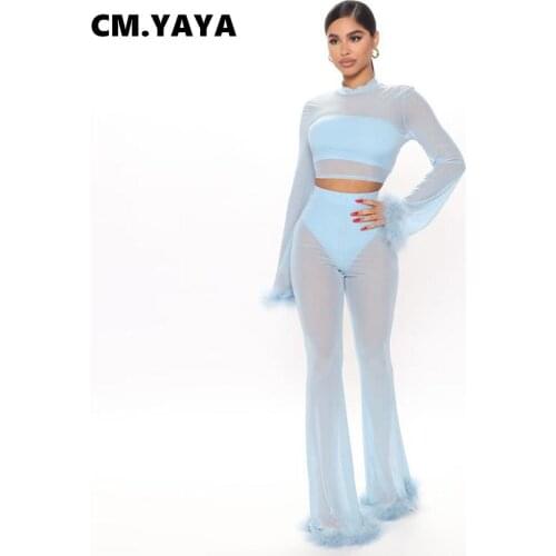 CM.YAYA Women Set Mesh See-through Crop Tops + Flare Pants Two 2 Piece Sets Without Underwear Fashion Outfits Autumn Tracksuits