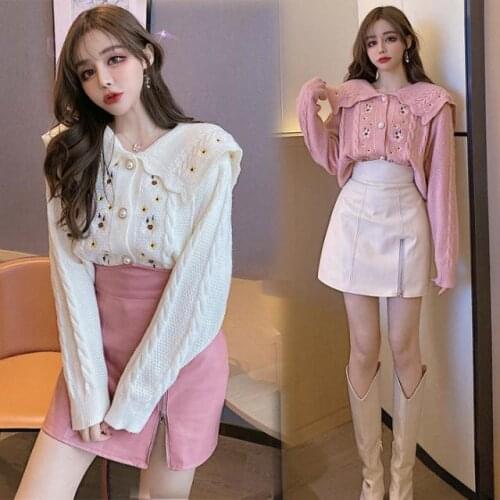 Women 2021 Spring Autumn Fashion 2-piece Set Female Knitted Long Sleeve Cardigan Top + Mini Skirts Suit Elegant Ladies Sets C337