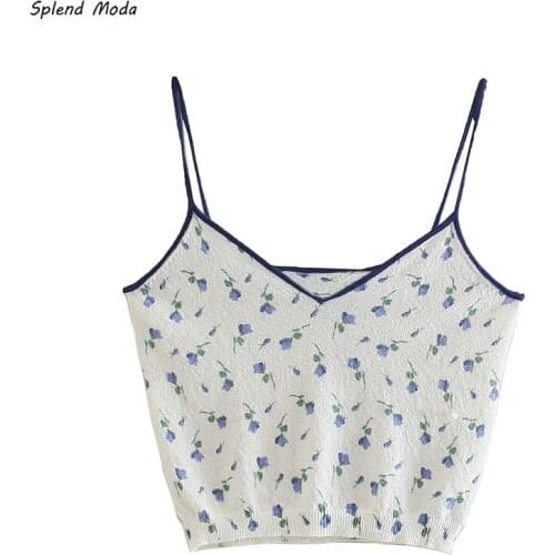 Splend Moda Vintage Floral V-Neck Knitted Sleeveless Camisole Summer New Fashion Women Inner Crop Top Casual Female All-Match