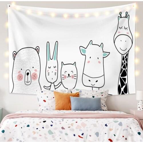 Animals Cartoon Tapestry Bear Rabbit Giraffe Wall Hanging Dorm Bedroom Living Room Blanket Family Party Decor Beach Picnic Mat