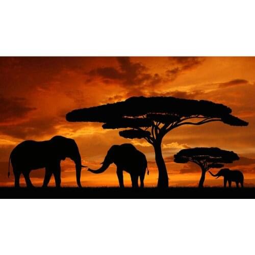 034 Africa Sunset - Elephant Animals Nature Wall Silk Cloth Poster Art Decoration Gift