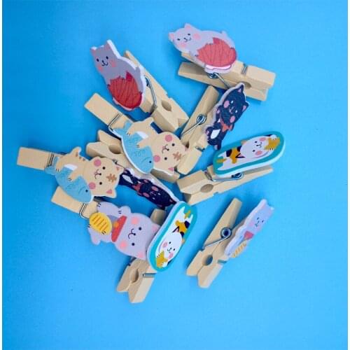 10pcs Cartoon Lucky Cat Wood Clips For Album Message Mini Natural Wooden Clips Craft Decoration Photo Decoration wall Clip Pegs