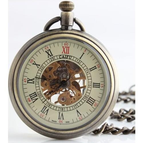 10pcs/lot Antique Bronze No Cover Mechanical Pocket Watch Skeleton Roman Dial Hand Wind Gift Watches Hot Sale