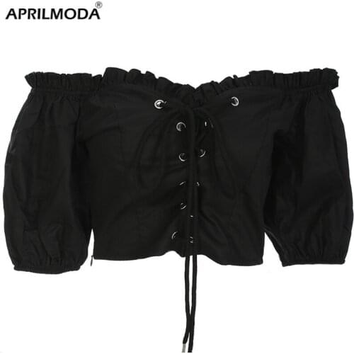 2021 Black Women Casual Sexy Vintage Gothic Shirt One-Neck Collar With Smocked Slimming Navel Short-Sleeved T-Shirt Streetwear