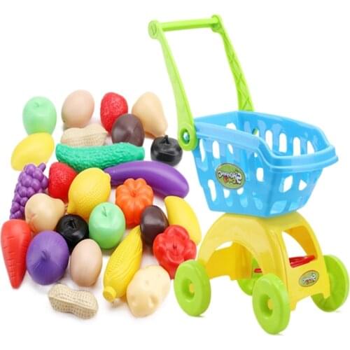 27PCS Childrens Shopping Cart Set with Home Toys Simulated Vegetable and Fruit Supermarket Baby Cart Shopping Cart Trolley Toy