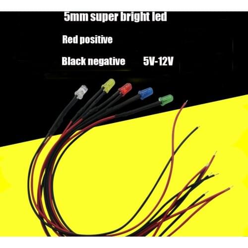5MM light emitting diode With cable 5V-12V White Yellow Blue RED Super bright Led Diode 5MM Green light White LED lamp 20cm
