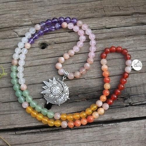 8mm Natural Stone Beads,Amethyst,Sunstone,Lotus Moon Sun,JapaMala Sets,Spiritual Jewelry,Meditation,Inspirational,108 Mala Beads