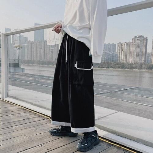 Black/White Straight Cargo Pants Korean Patchwork Man Loose Ankle-Length Streetwear Woman Spring Summer Drawstring Casual Pants