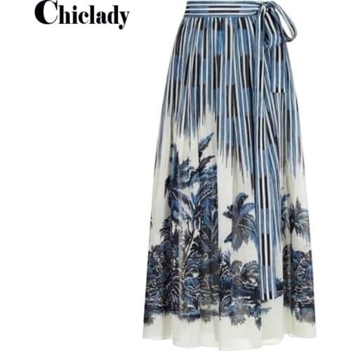CHICLADY luxury brand striped Palm tree printed midi skirt cotton high quality lace up sashes blue skirts women lady casual y2k