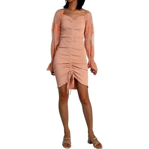 Hirigin 2021 New Dresses Women Sexy V-neck Dress Embroidery Pattern Long Puff Sleeves with Drawstring Fashion Design S/ M/ L