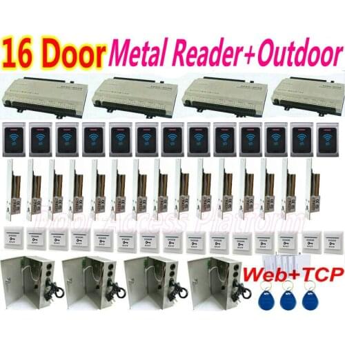 16 Door OutDoor Metal Reader Kit Controller Panel Web Interface+PC Software control+Drop Bolt lock+UPS Power Supply+Exit button