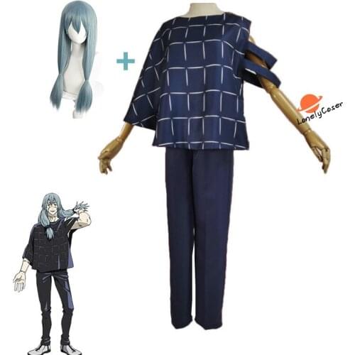 Japanese Anime Jujutsu Kaisen Cosplay Costume Mahito Dark Blue Suit Long Wig Top Pants Halloween Christmas Party Outfits
