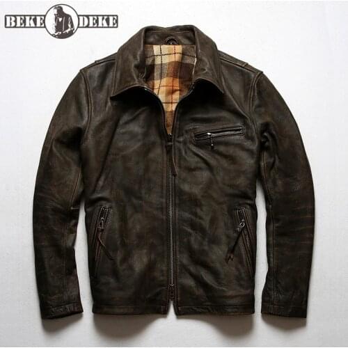 Vintage Genuine Leather Motorcycle Jacket Men Lapel Zipper Natural Cow Leather Casual Slim Fit Cargo Coats Mens Bomber jackets
