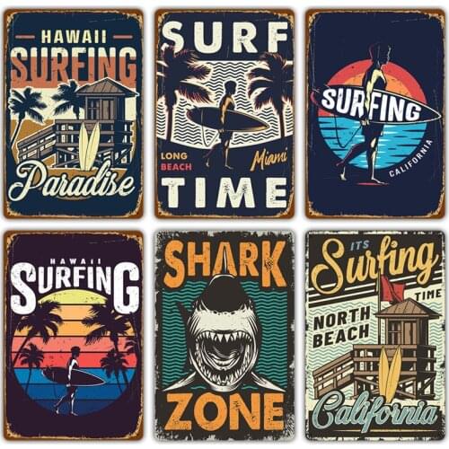 Surfing Time Metal Poster Nude Beach Tin Signs Vintage Art Wall Decoration Outdoor Decor Ocean Plaque Waining Shark Metal Signs