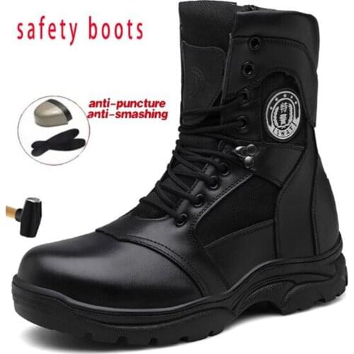 Mens Military and Tactical Boots Genuine Leather Force Assault Boot Waterproof Combat Ankle Sport Shoes for Man Black Side Zip