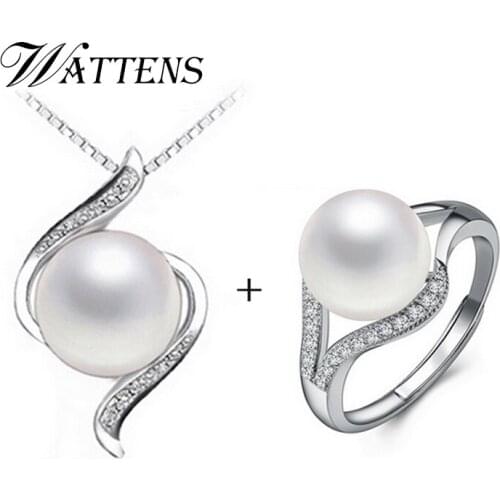 WATTENS Pearl jewelry set, natural freshwater pearl pendant necklace and 925 sterling silver ring for women ,gift box