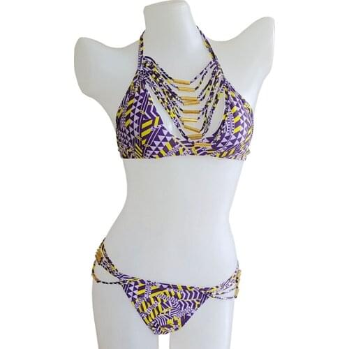 New Sexy Wild String Tassel Bandage Bikini Swimwear Personality Totem Print Swimsuit Bathers