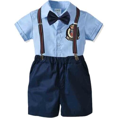 Baby Boy Clothing Shirt Bow Set Birthday Formal Suit Summer Children School Clothes Set Blue Shirt Top+Suspender Pants Outfits
