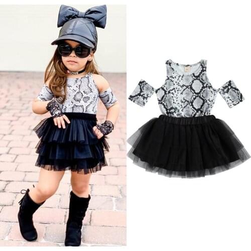 1-6Y Fashion Kids Girls Clothes Sets Snakeskin Print Off Shoulder T Shirts Tops Black Lace Tutu Skirts 2pcs