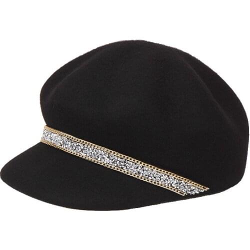 H738 Korean Casual Black Beret Hat Women Autumn Winter Wool Rhinestone Decoration Berets Cap Female British Retro Fashion Caps