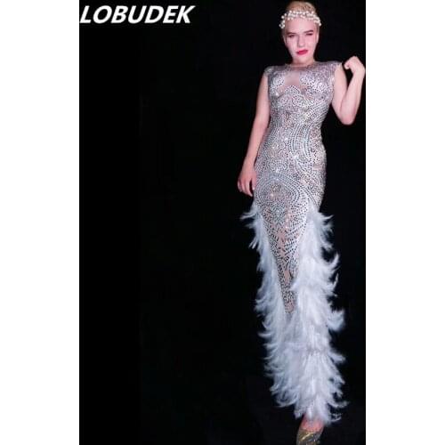 Sexy Sleeveless Silver Rhinestones Feather Long Dress Lady Birthday Celebration Skinny Dress Singer Dancer Bar Prom Show Costume