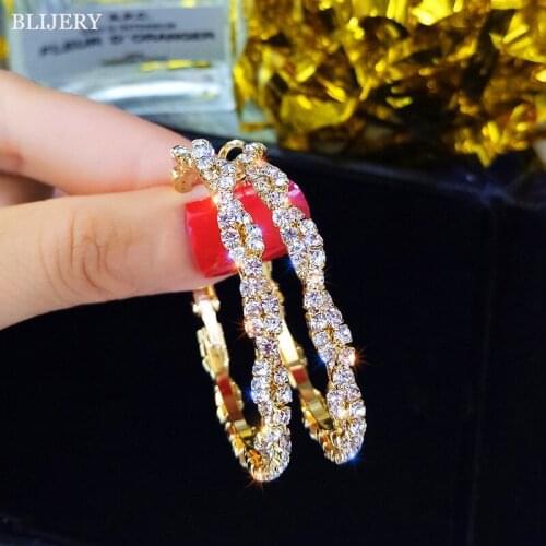 BLIJERY Gold Color Fashion Round Hoop Earrings Shiny Twisted Crystal Circle Earrings for Women Statement Jewelry Party Gifts