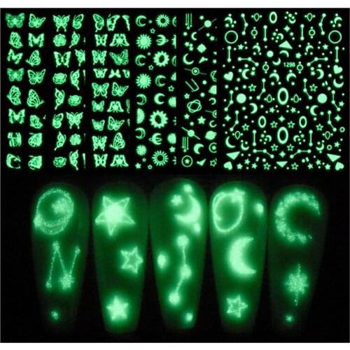 Luminous nail art sticker 3D butterfly moon star sun printing glow in dark night ultra thin waterproof slider nail decal YJ053