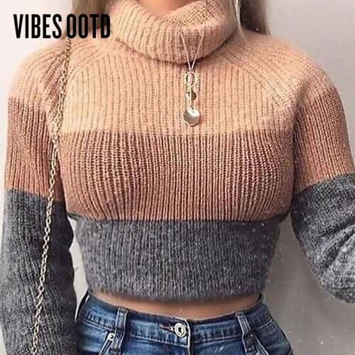 VIBESOOTD Fashion Womens Turtlenecks Sweaters Striped Long Sleeve Knitted Pullovers Females Jumpers Cropped Sweaters Winter