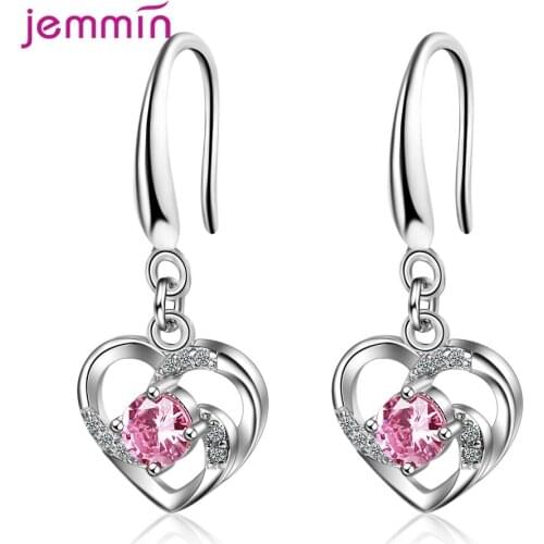 Hanging Heart Crystal Drop Earrings Women 925 Selling Silver Ear Jewelry Friend Birthday Gift Statement Pink White Blue Zircon