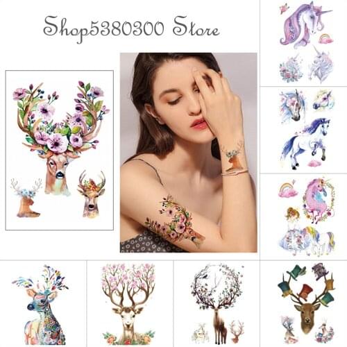 Temporary tattoo sticker flower birdie sika deer elk unicorn hat Watercolor waterproof fake tattoo Cartoon cute tattoo paste