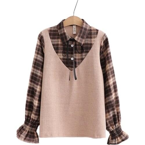 Corduroy Plaid Patchwork Women Fake Two Pieces Blouse 2021 Autumn Petal Sleeve Turndown Collar Lace Up Korean Fashion Sweet Tops