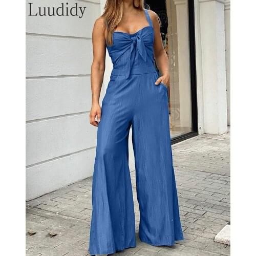 Women Sexy Solid Color Pocket Wide Leg Cami Jumpsuit