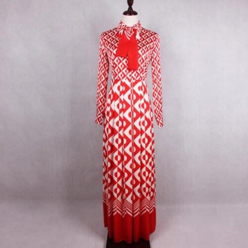 Plus size 3XL!2020 SPRING Summer New Fashion Red Pattern Printing Long-Sleeved Tie Bow Tie LONG Dress Smooth Comfortable