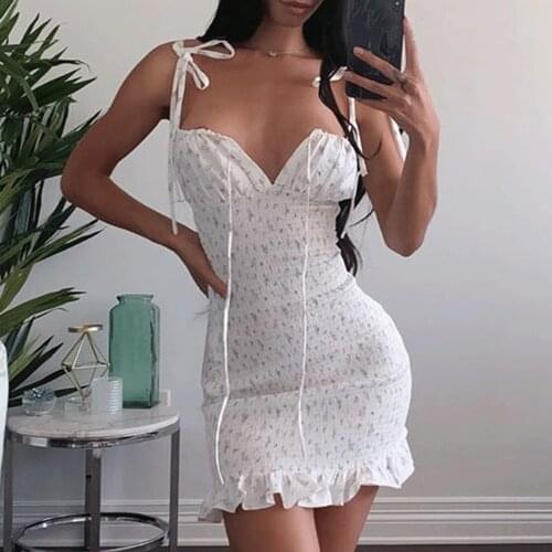 Spaghetti Strap Women Dress Summer 2021 Ruffle Vintage Elegant Dress Slim Fit Floral Print Ruched Dresses White vestido de mujer