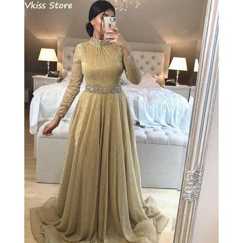 Gold Sequin Fabric Evening Dress 2020 New Prom Dress Long Sleeve Muslim A-line Beads Belt Floor Length High Neck فساتين السهرة