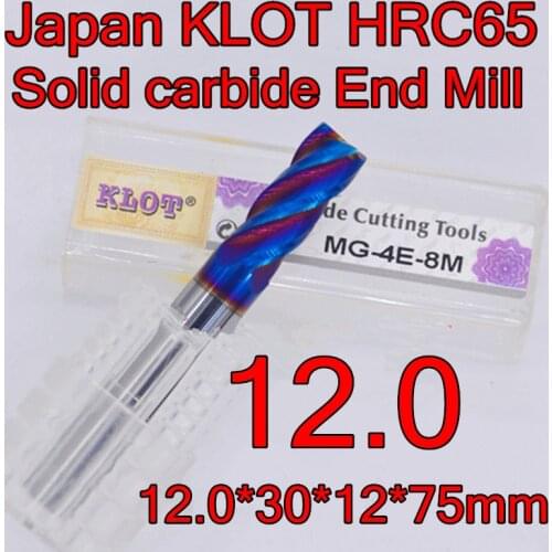 12.0*30*12*75mm 1pcs 12mm petiole 4F Japan KLOT HRC65 superhard Solid carbide End Mill CNC Tools Free shipping