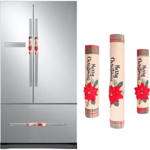 3pcs/set Christmas Ornament Door Knob Fridge Gloves Linen Machine Embroidered Home Christmas Decoration Microwave Oven Cover