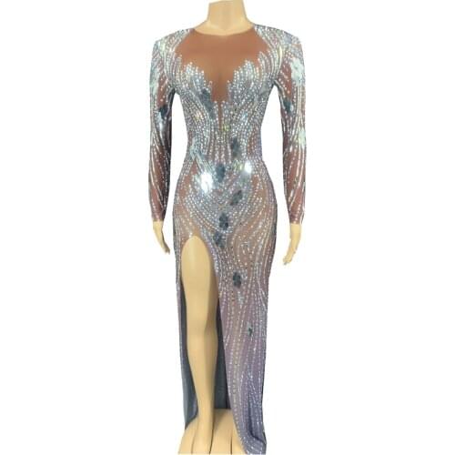 Shining Rhinestone Sequins Long Dress For Women Sexy Mesh Perspective High Split Birthday Celebrity Part Dress Singer Stage Wear