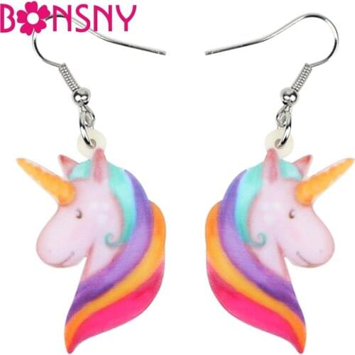Bonsny Acrylic Cartoon Floral Unicorn Head Earrings Drop Dangle Fashion Animal Jewelry For Women Girls Teens Gift Charms Brincos