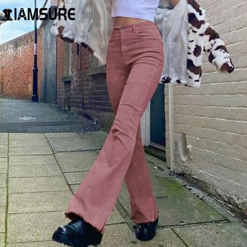 IAMSURE Low Waisted Trousers Wide Leg Elastic Jeans Pockets Loose Boot Cut Cargo Pants Women Streetwear Fashion Casual Bottom
