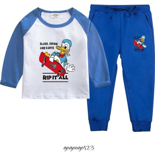 Disney Mickey Duck Kids Pajamas Set Cotton Long Sleeved Tshirt+Pants Girl Clothing Autumn 2pcs Sleepwear Suit Pyjama Trousers