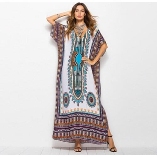 Dubai Maxi Kaftan Women Fashion Muslim Dress Print Vintage Female Beach Summer Robe Large Size Arabes Abaya Islamic Clothing