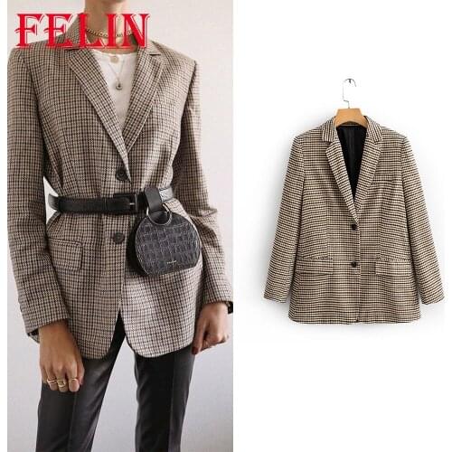 FELIN Za Winter Women Blazers Office Lady Plaid Casual Fashion Single-breasted Vintage Jacket Loose 2021 Mujer Outwear