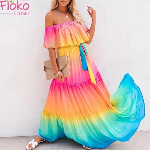 Flokocloset Sexy Off Shoulder Bohemian Print Maxi Dress Multicolour Butterfly Sleeve A-LINE Dress for Women Party Beach Style